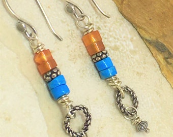 Turquoise and carnelian heishe bead dangle earrings with O rings.  Sleek drop earrings in blue and orange. OOAK dangle earrings. Tiny beads