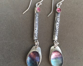 Romantic pink and purple gemstone drop earrings/Fluorite and tourmaline faceted gemstone earrings in sterling silver/multi-colored gemstones