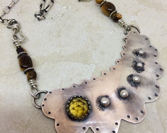 Tiger's Eye & Honey Quartz Statement Necklace, Pendant Necklace, Chunky Sterling Silver Cloud, Southwestern Inspired, ON SALE NOW