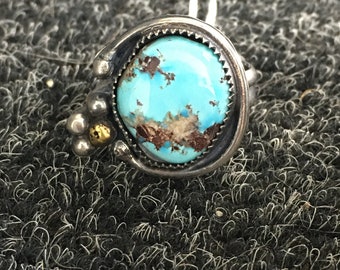 Turquoise ring in sterling silver U.S. size 8 1/4/fancy dot detail with brass/Golden Hill turquoise with silver matrix/OOAK ring/OOAK gift