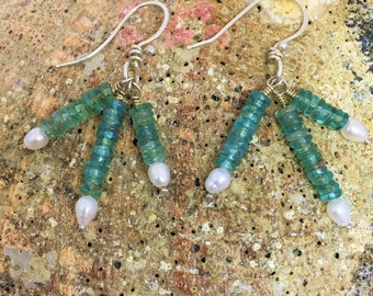 Blue apatite and pearl earrings/triple dangle earrings/by the sea/sea blue earrings/sterling silver earrings/teal blue/CLEARANCE