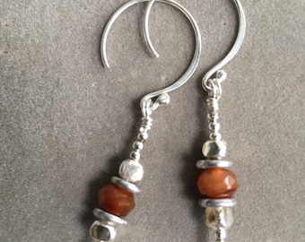 Sterling silver hoop earrings with Thai silver beads/carnelian/drop earrings/sterling silver beaded drop earrings with orange carnelian