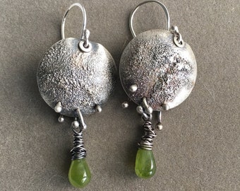 Sterling silver domed disc earrings with Vesuvianite gemstone dangle/texture disc earrings/OOAK gemstone earrings/unique gift idea