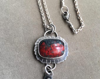 Sonora Sunrise & Carnelian Sterling Silver Necklace/OOAK/Artisan Feather Dangle