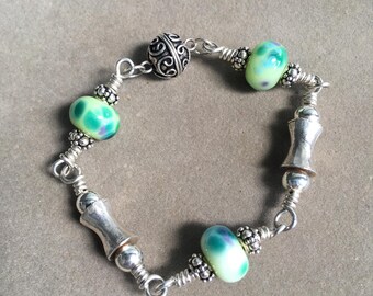 925 Silver Enamel Panel Bracelet. Siam Thai Engraved Bangle. TB 