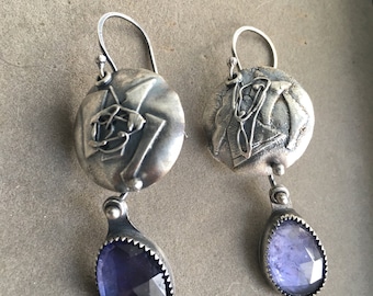 Sterling silver domed disc earrings with iolite gemstone dangle/texture disc earrings/OOAK gemstone earrings/purple stone dangle earrings