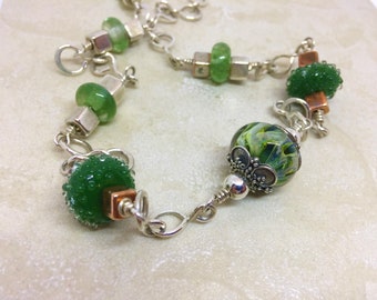 Green Choker Style Beaded Necklace, Lampwork Glass Beads, Handmade Silver Link Chains, Wife gift, Anniversary gift, ON SALE NOW