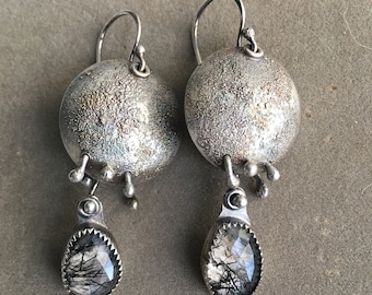 Sterling silver domed disc earrings with rutilated quartz gemstone dangle/texture disc earrings/OOAK gemstone earrings/unique gift idea