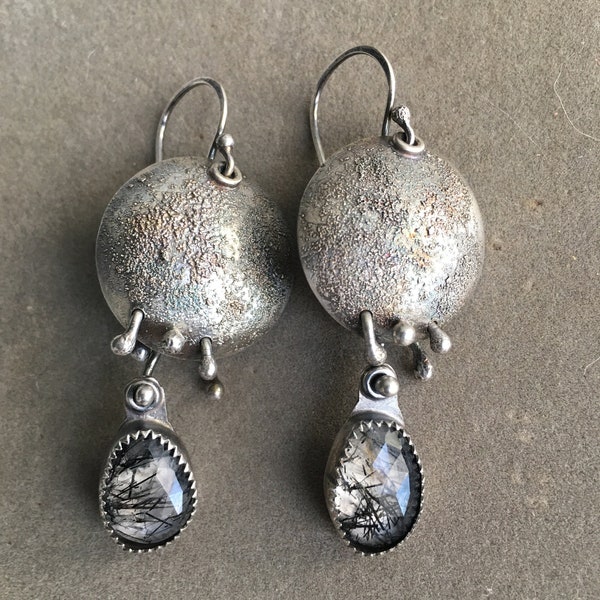 Sterling silver domed disc earrings with rutilated quartz gemstone dangle/texture disc earrings/OOAK gemstone earrings/unique gift idea