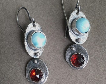 Larimar and garnet dangle earrings in sterling silver/textured ovals with gemstones/double gemstone earrings/ON SALE NOW