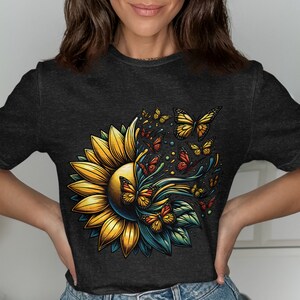 Vintage Sunflower and Butterflies T-Shirt, Nature Inspired Graphic Tee, Unique Boho Floral Shirt, Artistic Sunflower Tee