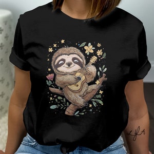 Cute Sloth Playing Guitar T-Shirt, Fun Animal Graphic Tee, Adorable Sloth Illustration Shirt, Music Lover Sloth Tee, Whimsical Animal Art