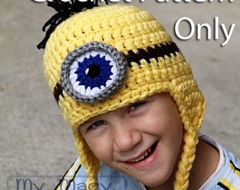 Crochet PDF Pattern for Minion Ear Flap Hat in sizes Newborn Baby Toddler Child Teen Adult and XL Adult Hat Pattern