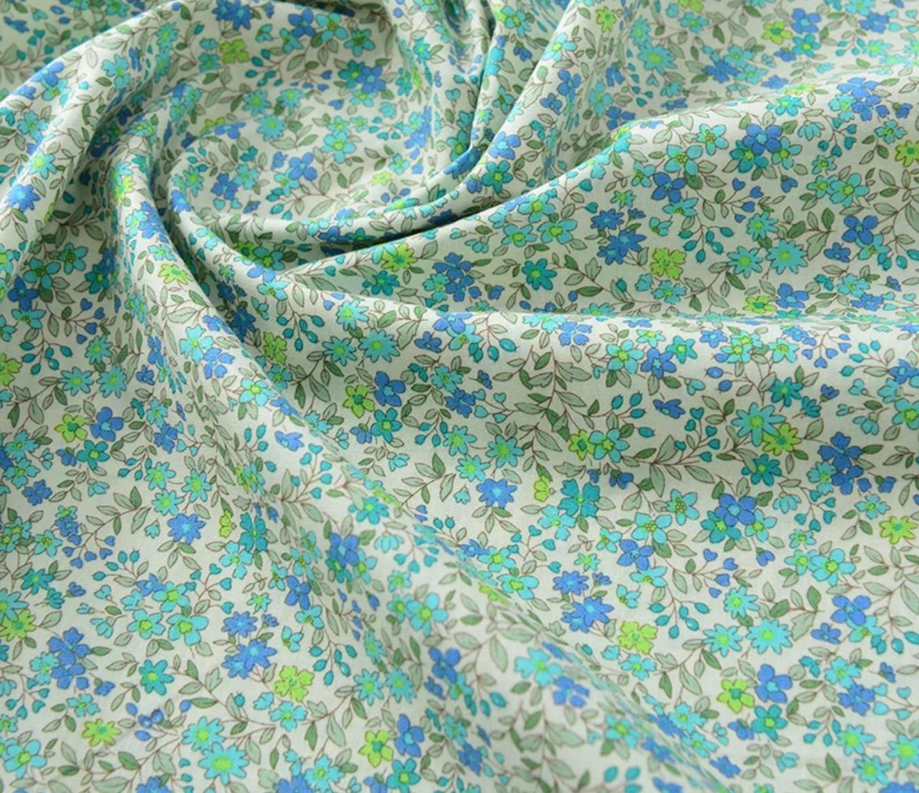 blue green small floral poplin cotton fabric  ,by half meter, dress making