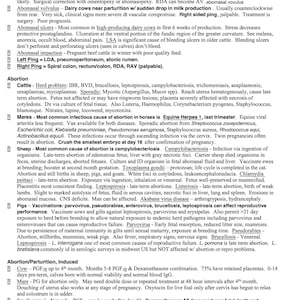 May include: A black and white text document with a white background and black text. The document contains information about abomasal disorders, abortion in cattle, horses, sheep, and pigs, and induced abortion in cows and mares. The document also includes information about acepromazine, a phenothiazine tranquilizer.