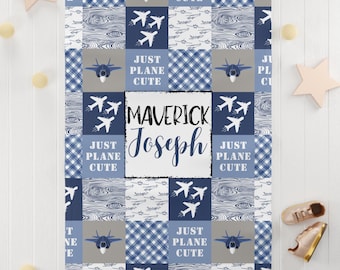 Just Plane Cute Baby Blanket - Customizable, Fighter Jet Baby Blanket, Blue and White Airplane Baby Blanket, Baby Shower Gift, New Baby Boy