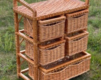 Handmade Wicker Dresser – Rustic Rattan Chest of Drawers, Boho Storage Cabinet, Natural Woven Furniture
