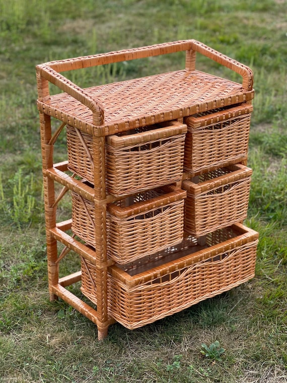 Handmade Wicker Dresser – Rustic Rattan Chest of Drawers, Boho Storage Cabinet, Natural Woven Furniture