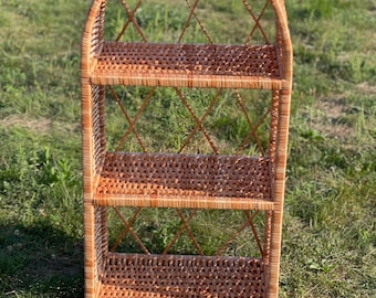 Handmade Arched Wicker Shelf – Natural Rattan Bookcase, Eco-Friendly Storage Rack, Rustic Boho Wall Shelf - Wooden Wicker Shelf