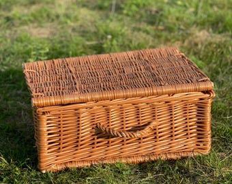 Coffre de rangement en osier fait main – Tronc en osier naturel, panier tressé rustique avec couvercle, organiseur décoratif pour la maison, dimensions 45 x 30 x 20 cm