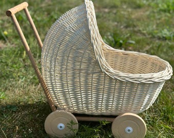 Wicker Doll Stroller with Canopy | Handmade Toy Pram for Girls | Natural Rattan Doll Carriage | Montessori Gift for Toddler or Baby Girl