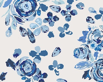 Swifting Flora Indigo Fabric, 1 yard // Art Gallery Fabric // True Blue // Floral // Denim/ Indigo // Sky // White