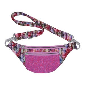 May include: A fanny pack featuring a multi-colored abstract pattern of red, purple, and blue tones. The bag includes an adjustable strap with metal hardware, two zippered compartments, and a solid bright pink textured front pocket section.