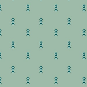 May include: A repeating pattern of teal-coloured stylized evergreen trees on a muted green background. The trees are evenly spaced and arranged in a grid-like fashion, creating a simple, nature-inspired design.