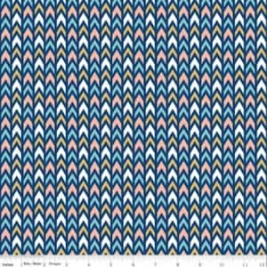 May include: A seamless fabric pattern with a repeating chevron design in shades of blue, pink, white, and gold.