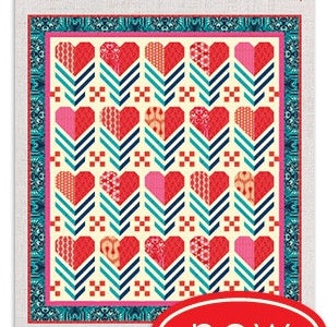 May include: A quilting pattern featuring a heart design with a chevron pattern in shades of red, pink, blue, and white. The pattern is titled "hello LOVE" and is labelled "new".