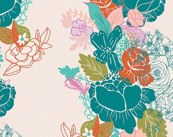 Flowerdrama Mattina Fabric, 1 yard // Art Gallery Fabric // Bari J // Flower // Leaves // Turquoise // Sketch // Drawing