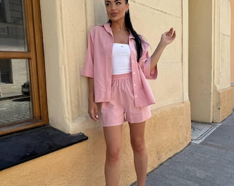 Ensemble d'intérieur en lin, ensemble deux pièces d'été, chemise et short oversize en lin, tenue en lin pour femme, ensemble de plage, vêtements d'été durables
