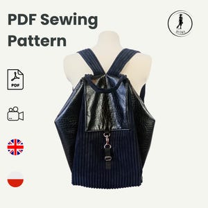 Può includere: Un modello di cucito PDF per uno zaino in velluto a coste nero con una patta in similpelle nera. Il modello è disponibile in inglese e polacco.