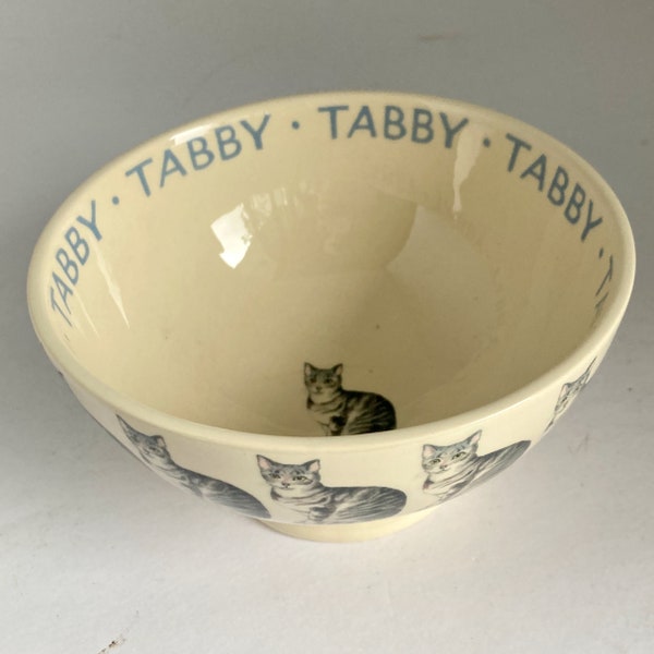 Cat bowl, Tabby by Cats and Dogs, Bridgewater Co, Made in England, White bowl, grey kitties, Blue text border, 3x5" dish, for cat lover