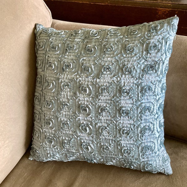 Ribbon pillow, pale blue cushion, 16 x16 inches, swirl design, zipper closure, stitched ribbon, floral style, square cushion