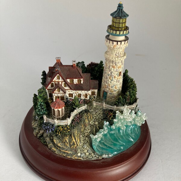 Thomas Kinkade, Lighthouse sculpture, Clearing Storms, No. A2514, 2000 edition, 5x5x5 inches, wooden base, artist signed, lights up, gazebo