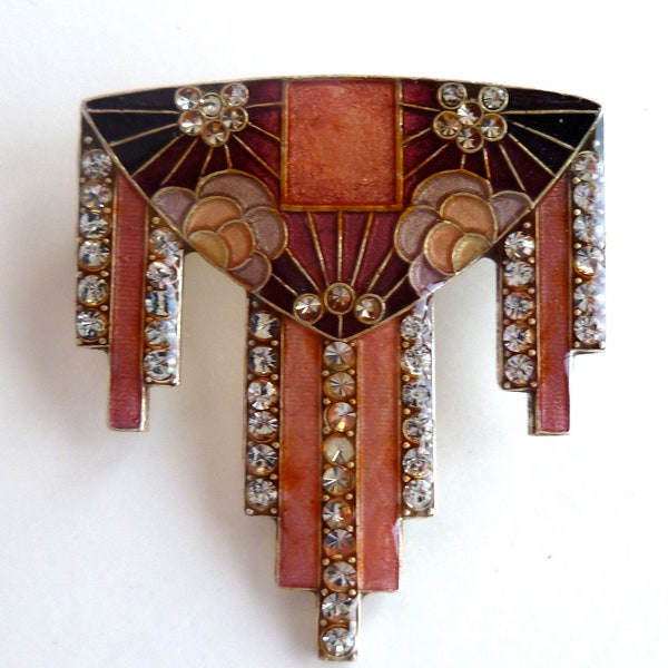 French Brooch by Chanille with Art Deco design - enamel with Austrian crystals