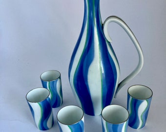 Sake pitcher and 5 cups, ceramic set, blue white green, 9" carafe,  3" tumblers, silver trim, handled pitcher, Japanese set, barware decor