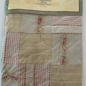 May include: A standard sham in a plastic package. The sham is a patchwork design with various patterns, including stripes and floral motifs. The dimensions are 24 x 30 inches.