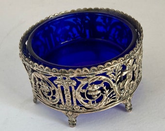 Sterling silver, salt cellar, Howard & Co, 1904 cherubs design, art nouveau, cobalt glass, marked 2610, 2 1/2 wide 1 1/2 high, footed dish