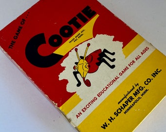 Vintage Cooties, children's game, 1940s kids puzzle, plastic pieces, original box, midcentury item, eyes ears legs, yellow black red