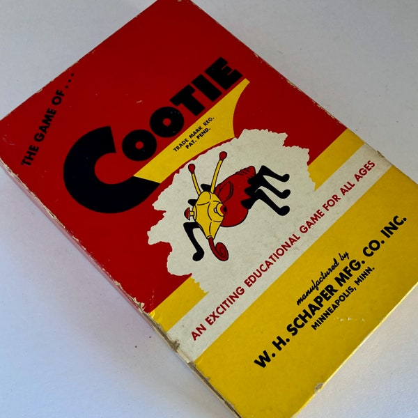 Vintage Cooties, children's game, 1940s kids puzzle, plastic pieces, original box, midcentury item, eyes ears legs, yellow black red