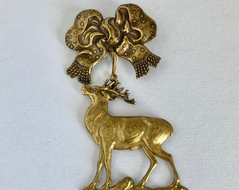 Elk Brooch, Bow design, brass look pin, 2 x 3 inches, Christmas jewelry, holiday pattern, rollover pin,