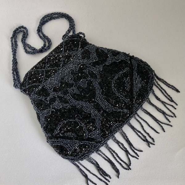 Flapper beaded bag, evening purse, satin lining, 8x9 inches, 2 inch fringe, zipper closure, 20" bead handle, black blue beads, formal bag