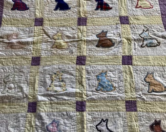 Puppy Quilt, children's blanket, applique dogs, yellow purple white, 44 x 52 inches, 1940s era throw, button eyes, blanket stitching