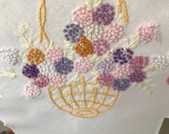 Vintage tablecloth, hand embroidered, white pink blue, 29 x 32 inches, basket of flowers, stitched border, pastel berries, country decor