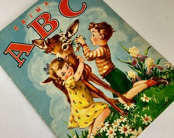 Vintage alphabets, soft cover book, Animal ABC, 1945 edition, Whitman Publ, Florence Winship illustrations, 9 1/2 x 13 inches, lion zebra