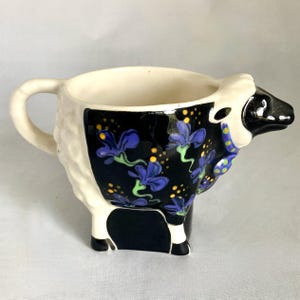 Tom Hatton Hand Painted Mug, Sheep Pottery Cup, Signed by artist, Textured Ceramic Mug, Black White Purple, Artisan Mug