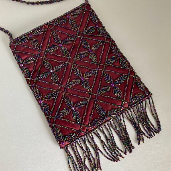 Beaded bag, evening purse,fringed edge, adjustable strap, 6 x 8 inches, 2" fringe, burgundy color, zipper closure, satin lining, formal wear