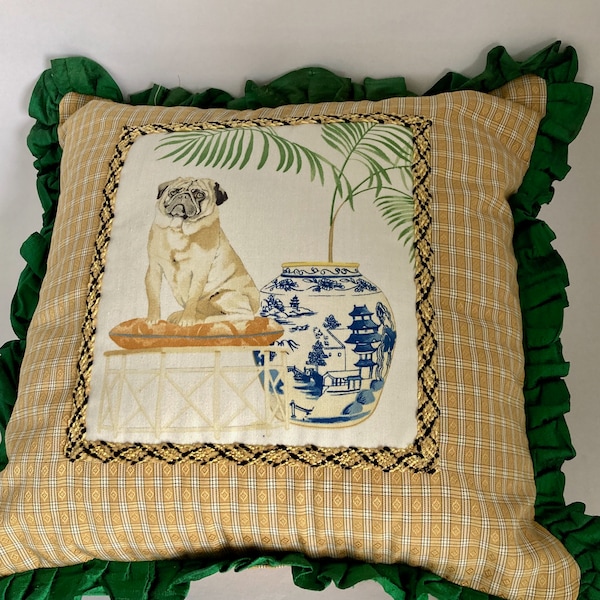 Shar Pei pillow, 14 x 14 inches, beige green black, 1" green ruffle, woven trim, dog ginger jar, zipper closure, gift for dog lover